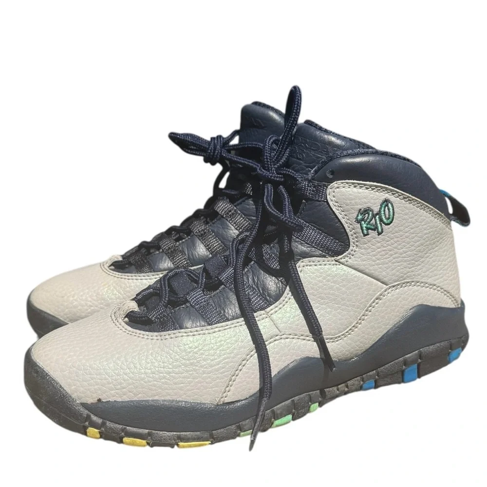 Air Jordan 10 Retro Rio Boys‎ Size 4Y Iridescent with Navy Trim Sneakers EUC